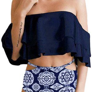 High Waisted Retro Ruffle Top Bikini Navy & White